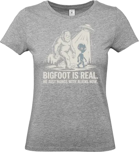 Bigfoot is real. He just hangs with aliens now - bigfoot, alien, ufo, humor, forest, illustration, conspiracy, friendship, light beam, extraterrestrial - Standard T-Shirt (Women)