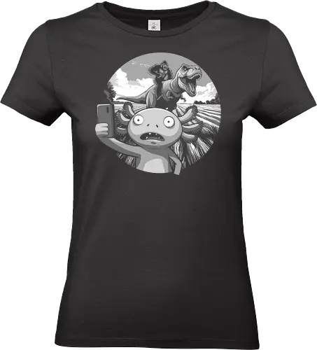 Selfie  - cartoon, selfie, dinosaur, humor, fantasy, black and white, character, t-rex, adventure, whimsical - Standard T-Shirt (Women)