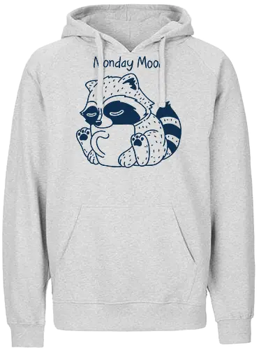 Monday Mood - monday mood, sleepy raccoon, coffee lover, caffeine addict, funny animal, tired raccoon, monday struggle, funny merch, animal cartoon, coffee vibes, lazy monday, cute raccoon art, coffee humor, grumpy morning, relatable mood - Fairtrade Hoodie
