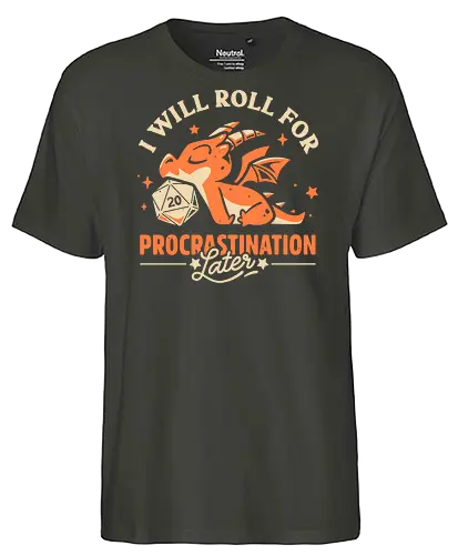 Too Lazy To Roll - dragon, d20 dice, procrastination, roll, lazy, rpg, tabletop gaming, Pen and Paper, funny, humor, fantasy, geek, nerdy, gamer, dungeon master - Fairtrade T-Shirt