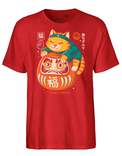Neko Daruma - kawaii, retro vibe, eastern aesthetic, cat, daruma, luck, japanese style, cute art, funny shirt, pop culture, feline charm - Fairtrade T-Shirt