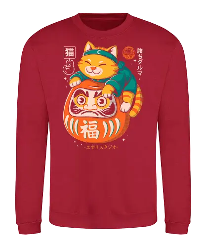 Neko Daruma - kawaii, retro vibe, eastern aesthetic, cat, daruma, luck, japanese style, cute art, funny shirt, pop culture, feline charm - Sweatshirt