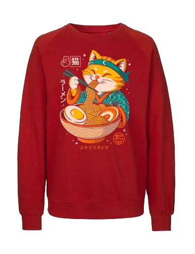 Japanese Ramen Cat - cat, ramen, japanese food, kawaii art, cute illustration, pop culture, japanese illustration, funny cat, noodle bowl, anime cat, geek art, foodie art, manga style, samurai cat, chopsticks cat, happy cat - Fairtrade Sweatshirt