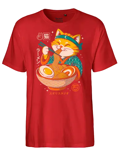 Japanese Ramen Cat - cat, ramen, japanese food, kawaii art, cute illustration, pop culture, japanese illustration, funny cat, noodle bowl, anime cat, geek art, foodie art, manga style, samurai cat, chopsticks cat, happy cat - Fairtrade T-Shirt