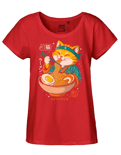 Japanese Ramen Cat - cat, ramen, japanese food, kawaii art, cute illustration, pop culture, japanese illustration, funny cat, noodle bowl, anime cat, geek art, foodie art, manga style, samurai cat, chopsticks cat, happy cat - Fairtrade Girl Shirt