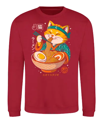 Japanese Ramen Cat - cat, ramen, japanese food, kawaii art, cute illustration, pop culture, japanese illustration, funny cat, noodle bowl, anime cat, geek art, foodie art, manga style, samurai cat, chopsticks cat, happy cat - Sweatshirt