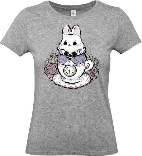 Cute White Rabbit Tea Cup - white rabbit, cute white rabbit, kawaii white rabbit, tea cup, tea time, pocket watch, alice in wonderland, vintage, cute bunny, fantasy, rose, animal, pastel, sketch, xmorfina - Standard T-Shirt (Women)