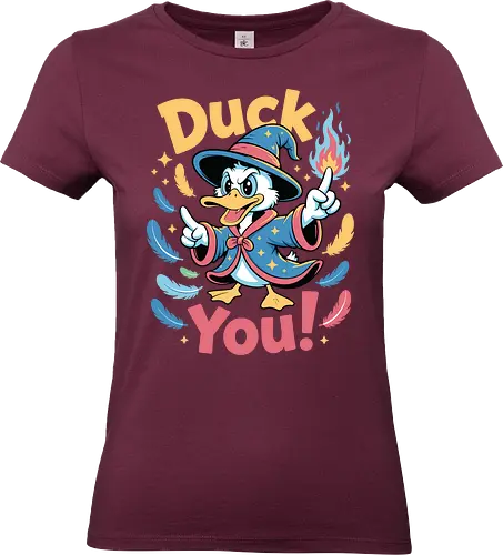 Duck You - duck, wizard, cartoon, magic, humor, feathers, spell, fire, costume, playful - Standard T-Shirt (Women)