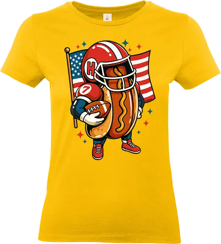 Amerika Hot Dog Rugby - Pop-Art, Geek, Amerikaner, Amerika, Lustig, Hotdog, Essen, Rugby, Football, 4. Juli, Unabhängigkeitstag, Ästhetisch, Illustration, Feinschmecker, lm2kone - Standard T-Shirt (Women)