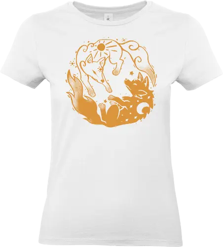 Sun and Moon Golden Wolves - Sonne und Mond, himmlischer Wolf, Mondwolf, Sonnenwolf, goldene Wölfe, spiritueller Wolf, kosmischer, Wolf, Gold, Goldwolf, sun and moon, celestial wolf, moon wolf, sun wolf, golden wolves, spiritual wolf, cosmic, wolf, gold, gold wolf - Standard T-Shirt (Women)
