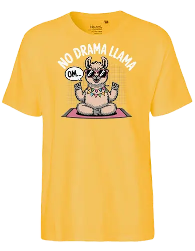 No Drama Llama. Om... - llama, sunglasses, meditation, yoga, humor, peace, relaxation, cartoon, text, colorful - Fairtrade T-Shirt
