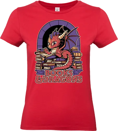 Books and Dragons  - dragon, books, library, nerd, rpg, d20, dungeon master, role-playing game, tabletop, game master, nerd, geek, hoard, fantasy, adventure - Standard T-Shirt (Women)