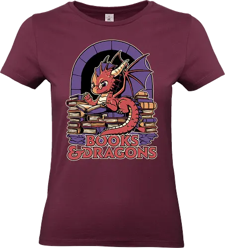 Books and Dragons  - dragon, books, library, nerd, rpg, d20, dungeon master, role-playing game, tabletop, game master, nerd, geek, hoard, fantasy, adventure - Standard T-Shirt (Women)