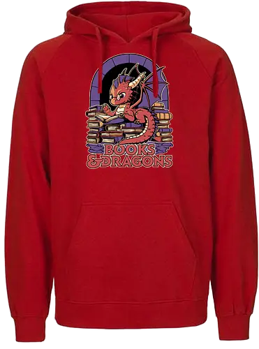 Books and Dragons  - dragon, books, library, nerd, rpg, d20, dungeon master, role-playing game, tabletop, game master, nerd, geek, hoard, fantasy, adventure - Fairtrade Hoodie
