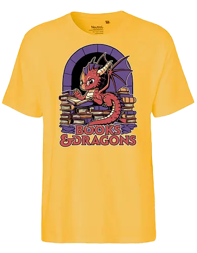 Books and Dragons  - dragon, books, library, nerd, rpg, d20, dungeon master, role-playing game, tabletop, game master, nerd, geek, hoard, fantasy, adventure - Fairtrade T-Shirt