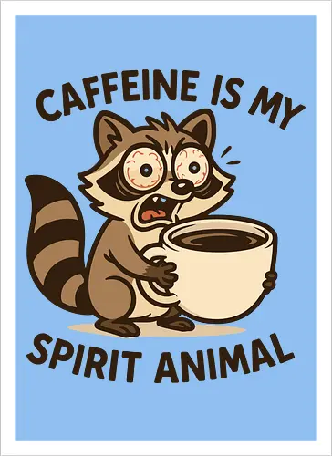 Caffeine is My Spirit Animal Raccoon Coffee Lover Art - Caffeine, spirit animal, coffee, raccoon, coffee lover, coffee addict, funny coffee, morning person, night owl, tired, wired, espresso, barista, coffee humor, animal art, cartoon, cute raccoon, relatable, gift for coffee lover, energy drink - Artprint