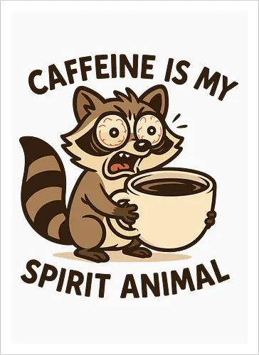 Caffeine is My Spirit Animal Raccoon Coffee Lover Art - Caffeine, spirit animal, coffee, raccoon, coffee lover, coffee addict, funny coffee, morning person, night owl, tired, wired, espresso, barista, coffee humor, animal art, cartoon, cute raccoon, relatable, gift for coffee lover, energy drink - Artprint