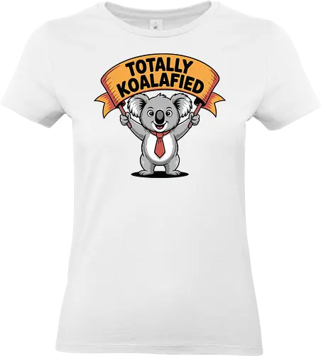 Totally Koalafied - koala, cartoon, humor, banner, text, gray background, red tie, playful, cheerful, pun - Standard T-Shirt (Women)