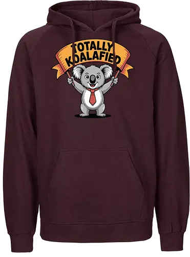 Totally Koalafied - koala, cartoon, humor, banner, text, gray background, red tie, playful, cheerful, pun - Fairtrade Hoodie