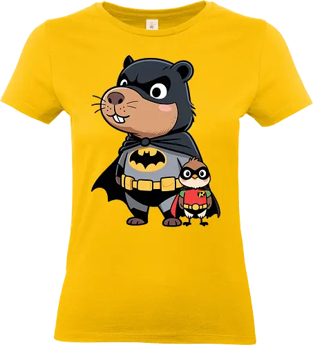 adorable crime-fighting - Bat, Robin, beaver, bird, superhero, animal art, cute superhero, DC Comics, funny animal, cartoon animal, Gotham, dynamic duo, comic art, kids art, unique gift, pop culture, animal lover, pet art, whimsical, justice league - Standard T-Shirt (Women)