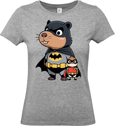 adorable crime-fighting - Bat, Robin, beaver, bird, superhero, animal art, cute superhero, DC Comics, funny animal, cartoon animal, Gotham, dynamic duo, comic art, kids art, unique gift, pop culture, animal lover, pet art, whimsical, justice league - Standard T-Shirt (Women)