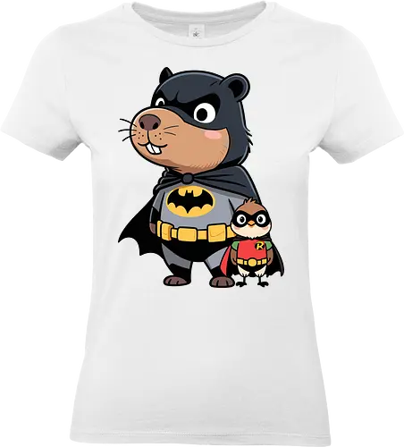 adorable crime-fighting - Bat, Robin, beaver, bird, superhero, animal art, cute superhero, DC Comics, funny animal, cartoon animal, Gotham, dynamic duo, comic art, kids art, unique gift, pop culture, animal lover, pet art, whimsical, justice league - Standard T-Shirt (Women)