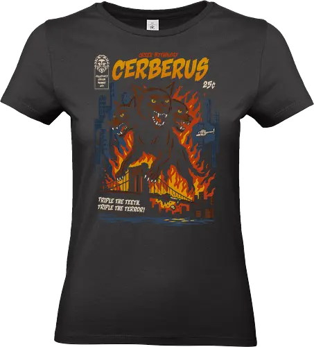 Cerberus Attack - cerberus, three headed dog, greek mythology, underworld guardian, mythological creature, monster art, retro comic design, fiery artwork, vintage illustration, hellhound, epic fantasy art, dark mythology, legendary beast, monster illustration, bold design, fiery chaos, greek legend, mythology t-shirt, retro poster, epic dog - Standard T-Shirt (Women)