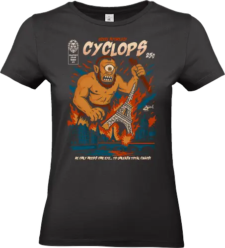 Cyclops Attack - cyclops, greek mythology, one eyed giant, monster art, retro comic design, vintage illustration, epic destruction, paris chaos, mythology t-shirt, urban chaos art, vintage comic style, mythological beast, fantasy poster, legendary creature, fiery artwork, fantasy monster, bold retro art, powerful giant, greek legend, monster illustration - Standard T-Shirt (Women)