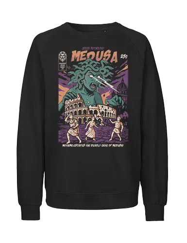 Medusa Attack - medusa, greek mythology, gorgon, snake hair monster, mythological creature, powerful female figure, retro comic design, vintage illustration, deadly gaze, legendary monster, epic mythology art, dark fantasy, mythology t-shirt, bold artwork, ancient legend, stone curse, fiery design, mythology poster, classic myth art, female monster - Fairtrade Sweatshirt