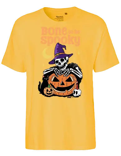 Bone to be Spooky - bone, skeleton, spooky, skull, Halloween, trick or treat, black cat, magic, humor, pumpkin - Fairtrade T-Shirt