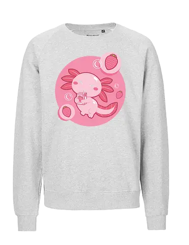 Axolotl and strawberry drink - axolotl, cute, strawberry, drink, pink, cartoon, bubbles, maroon, kawaii, adorable - Fairtrade Sweatshirt