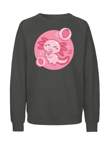 Axolotl and strawberry drink - axolotl, cute, strawberry, drink, pink, cartoon, bubbles, maroon, kawaii, adorable - Fairtrade Sweatshirt