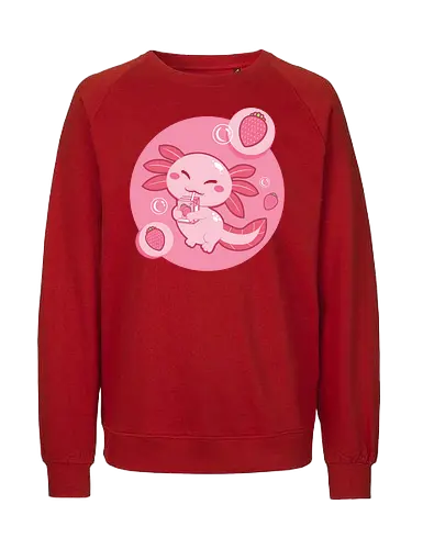 Axolotl and strawberry drink - axolotl, cute, strawberry, drink, pink, cartoon, bubbles, maroon, kawaii, adorable - Fairtrade Sweatshirt
