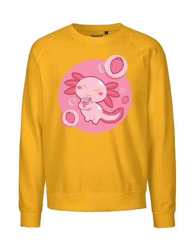 Axolotl and strawberry drink - axolotl, cute, strawberry, drink, pink, cartoon, bubbles, maroon, kawaii, adorable - Fairtrade Sweatshirt