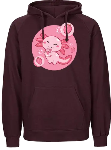 Axolotl and strawberry drink - axolotl, cute, strawberry, drink, pink, cartoon, bubbles, maroon, kawaii, adorable - Fairtrade Hoodie