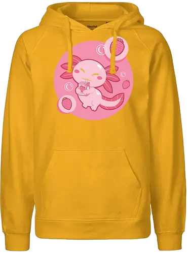 Axolotl and strawberry drink - axolotl, cute, strawberry, drink, pink, cartoon, bubbles, maroon, kawaii, adorable - Fairtrade Hoodie