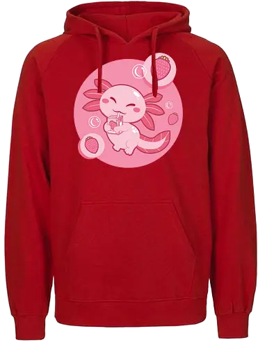 Axolotl and strawberry drink - axolotl, cute, strawberry, drink, pink, cartoon, bubbles, maroon, kawaii, adorable - Fairtrade Hoodie