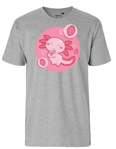 Axolotl and strawberry drink - axolotl, cute, strawberry, drink, pink, cartoon, bubbles, maroon, kawaii, adorable - Fairtrade T-Shirt