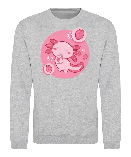Axolotl and strawberry drink - axolotl, cute, strawberry, drink, pink, cartoon, bubbles, maroon, kawaii, adorable - Sweatshirt