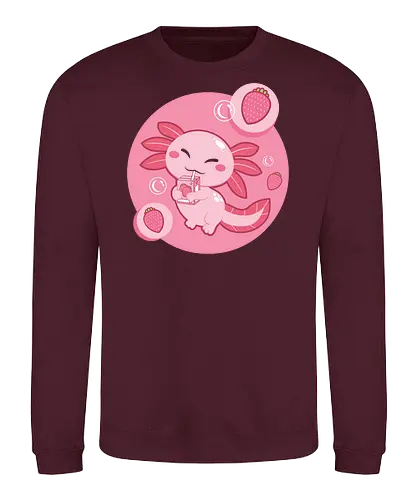 Axolotl and strawberry drink - axolotl, cute, strawberry, drink, pink, cartoon, bubbles, maroon, kawaii, adorable - Sweatshirt