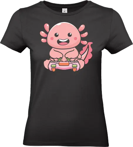 Axolotl and video game - axolotl, cute, pink, video game, controller, character, playful, animated, brown background, cartoon - Standard T-Shirt (Women)