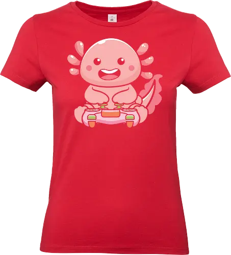 Axolotl and video game - axolotl, cute, pink, video game, controller, character, playful, animated, brown background, cartoon - Standard T-Shirt (Women)