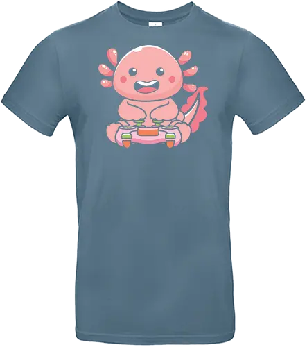 Axolotl and video game - axolotl, cute, pink, video game, controller, character, playful, animated, brown background, cartoon - Standard T-Shirt