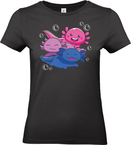 Three axolotls - axolotls, cartoon, cute, swimming, bubbles, pink, blue, purple, playful, aquatic - Standard T-Shirt (Women)
