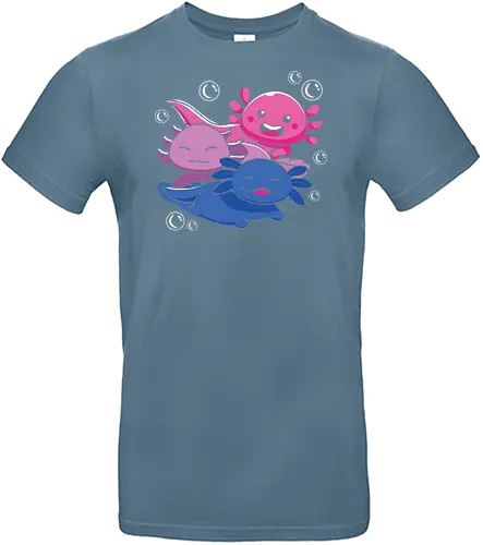 Three axolotls - axolotls, cartoon, cute, swimming, bubbles, pink, blue, purple, playful, aquatic - Standard T-Shirt