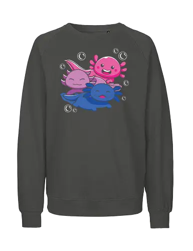 Three axolotls - axolotls, cartoon, cute, swimming, bubbles, pink, blue, purple, playful, aquatic - Fairtrade Sweatshirt