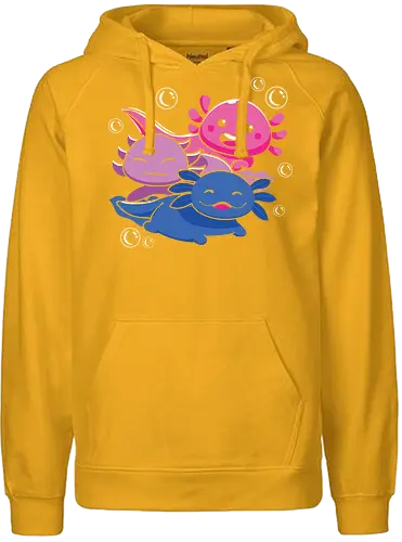 Three axolotls - axolotls, cartoon, cute, swimming, bubbles, pink, blue, purple, playful, aquatic - Fairtrade Hoodie