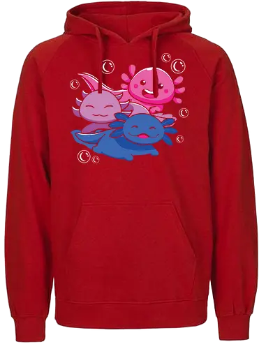 Three axolotls - axolotls, cartoon, cute, swimming, bubbles, pink, blue, purple, playful, aquatic - Fairtrade Hoodie