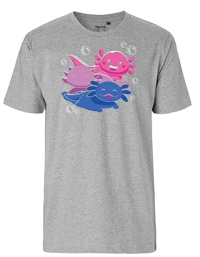 Three axolotls - axolotls, cartoon, cute, swimming, bubbles, pink, blue, purple, playful, aquatic - Fairtrade T-Shirt