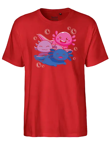 Three axolotls - axolotls, cartoon, cute, swimming, bubbles, pink, blue, purple, playful, aquatic - Fairtrade T-Shirt